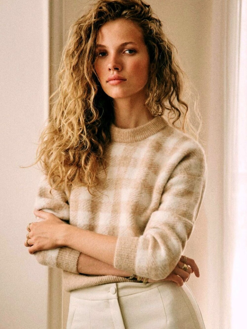 EUC Sezane Becky Wool Mohair Gingham Sweater Beige Ecru Small